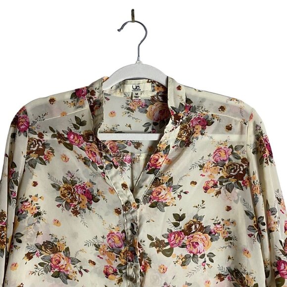 Ya Los Angeles Women's Floral 3/4 Rolled Up Sleeve Silk Top - Picture 2 of 8